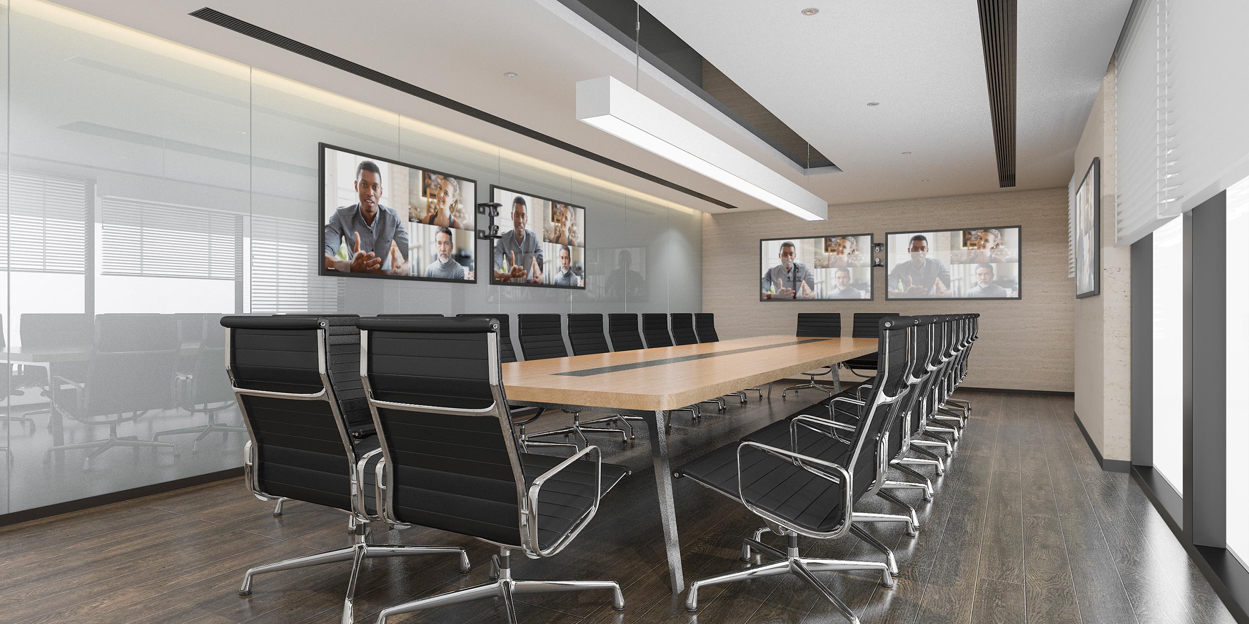 Modern boardroom with long table, sleek chairs, and video call screens