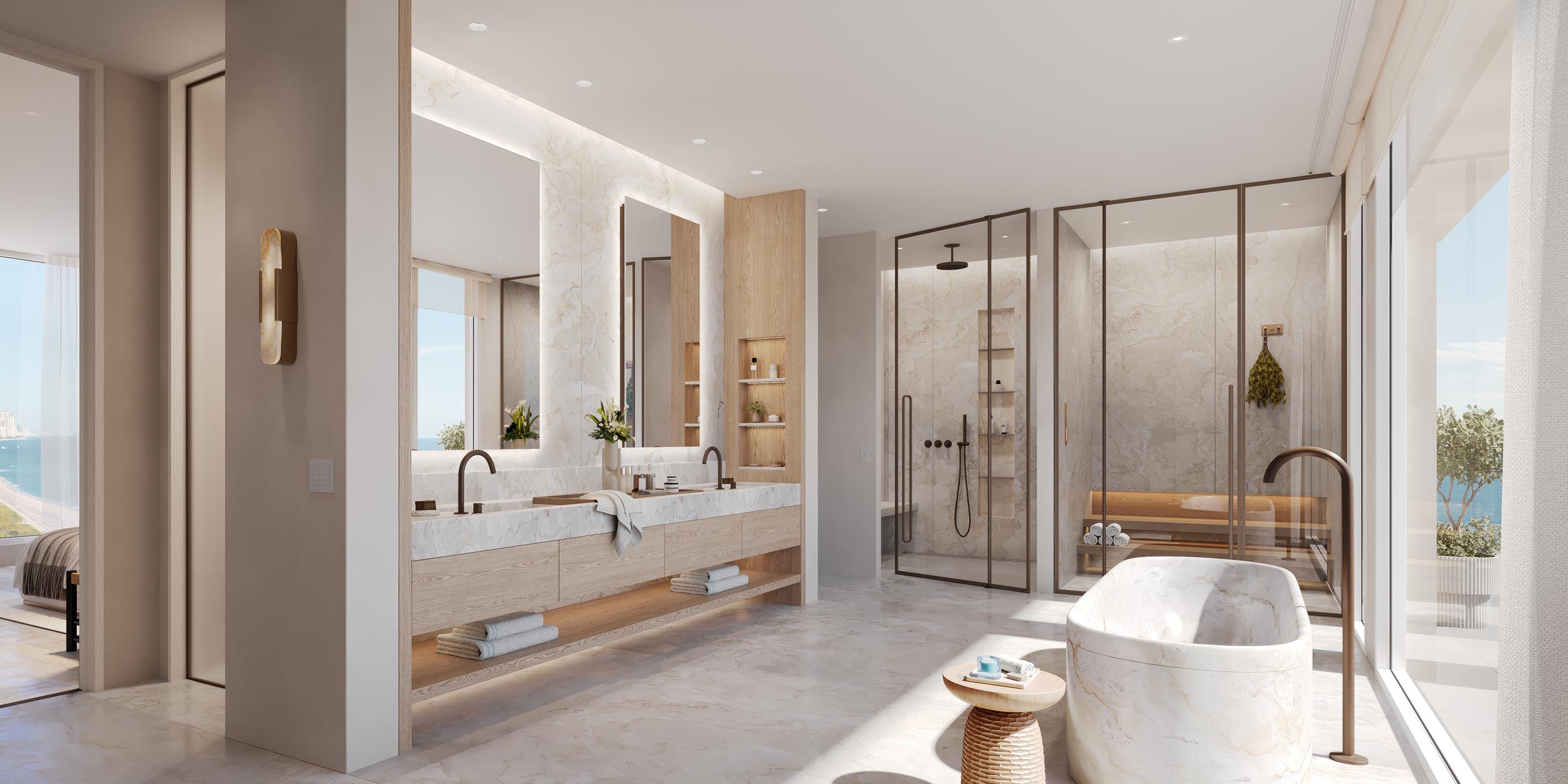 Luxurious bathroom with dual sinks, soaking tub, and glass shower enclosure