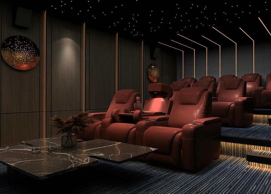 Luxury home theater with red leather recliners and starry ceiling